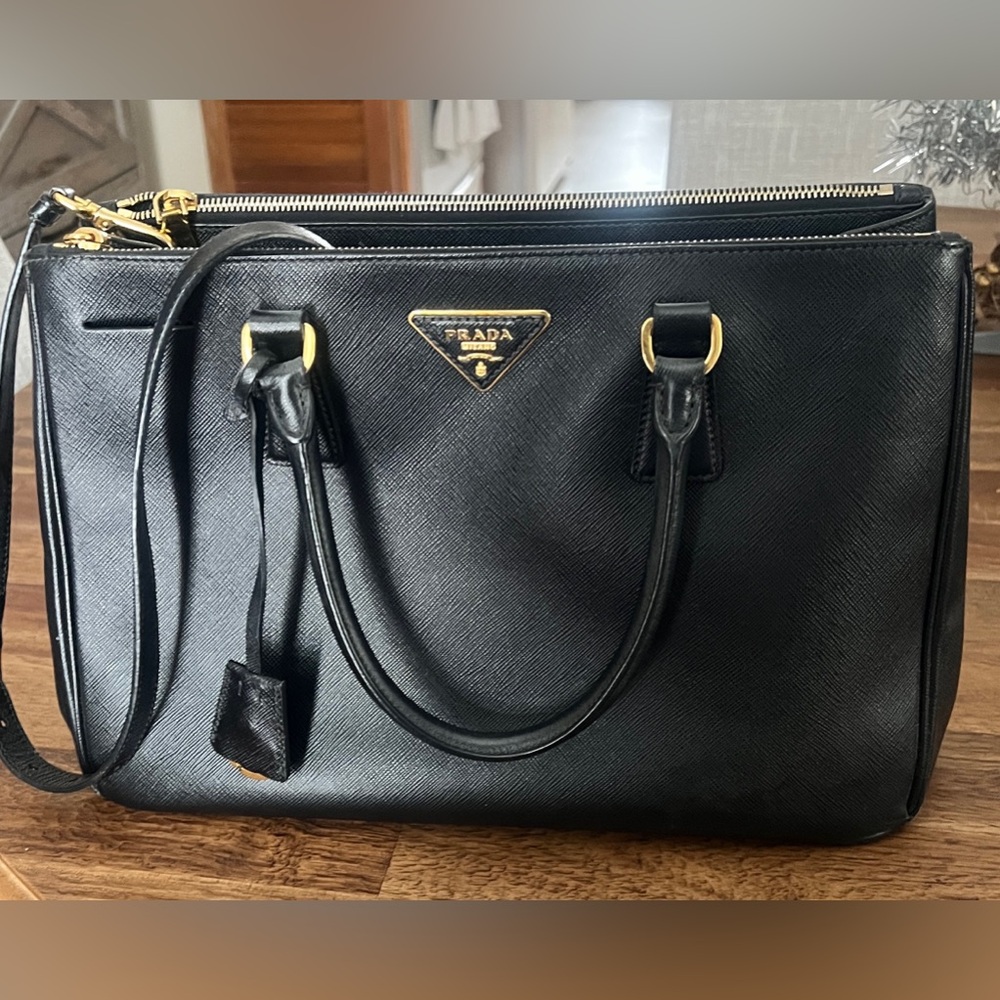 Prada Black Saffiano Leather Satchel with Gold Hardware